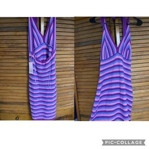 purple,blue, and pink open back dress
